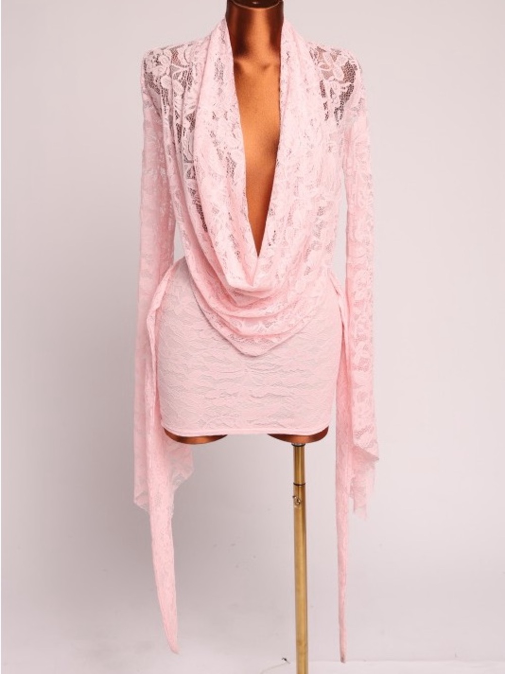 Delicate Pink Lace Drape Front Mini Dress